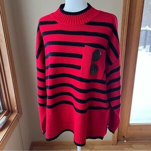 KARL LAGERFELD PARIS Sweater Women’s XL Striped Mock-Neck Sequin Sunglasses Red